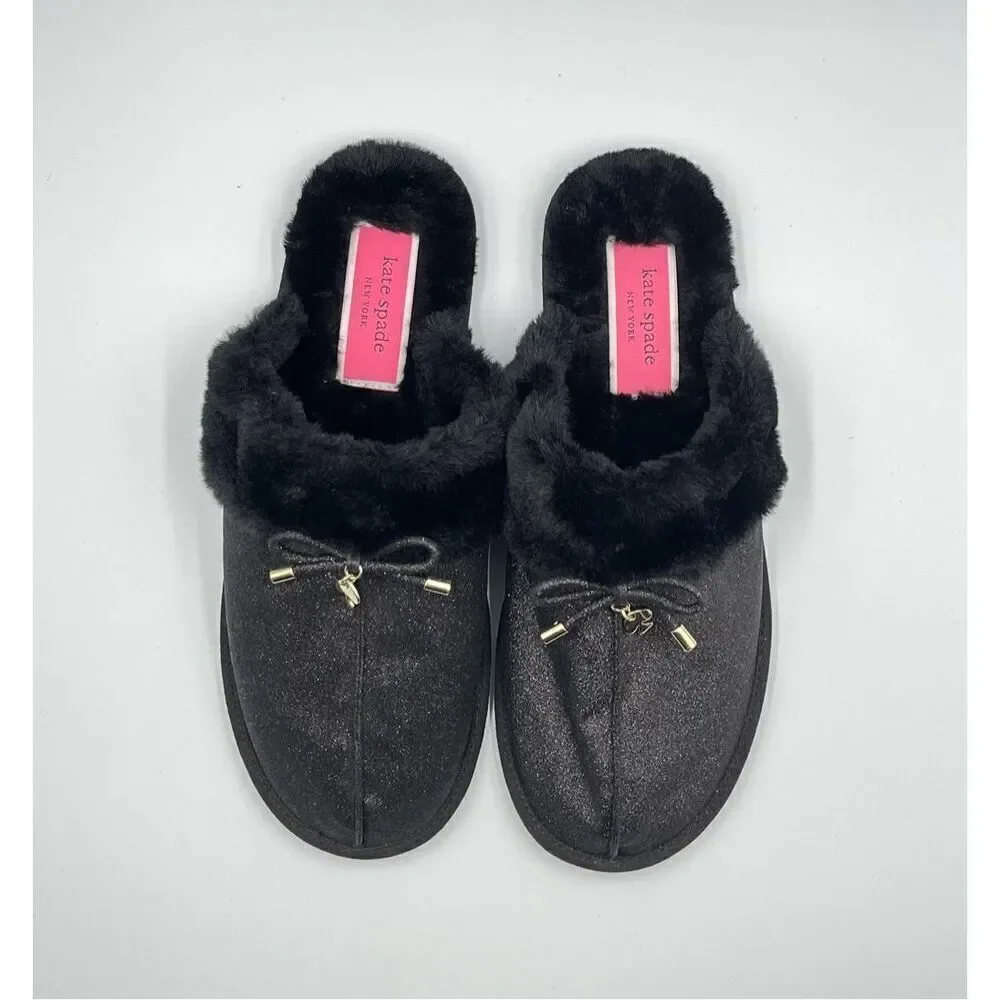 NWOB Kate Spade Lacy Slippers Mule Size 10B Black Glitter Faux Fire Gold Charm